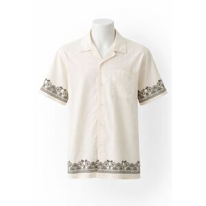 Goodfellow & Co Cream Green Button Up Shirt NWT Cotton Short Sleeve Pocket Med